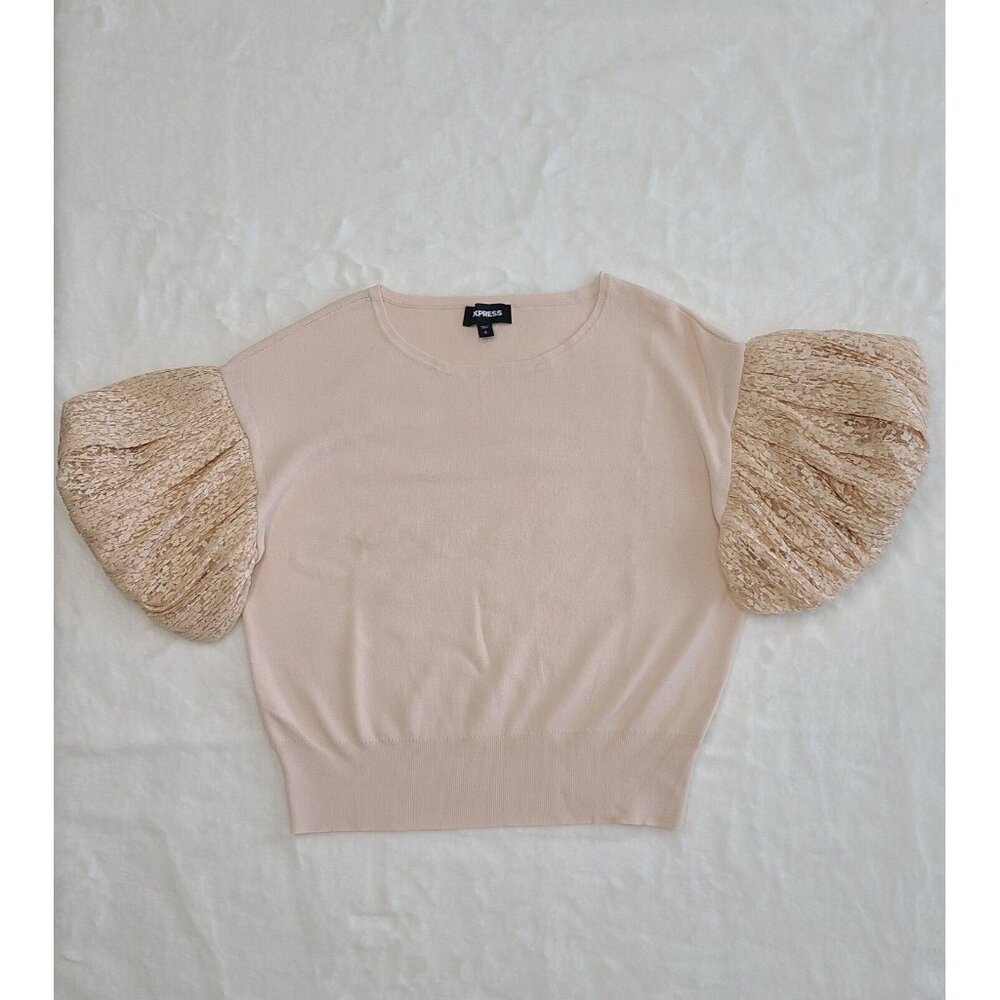 Express Top Womens Size SP  Beige Round Neck Lace-Bell Short Sleeve